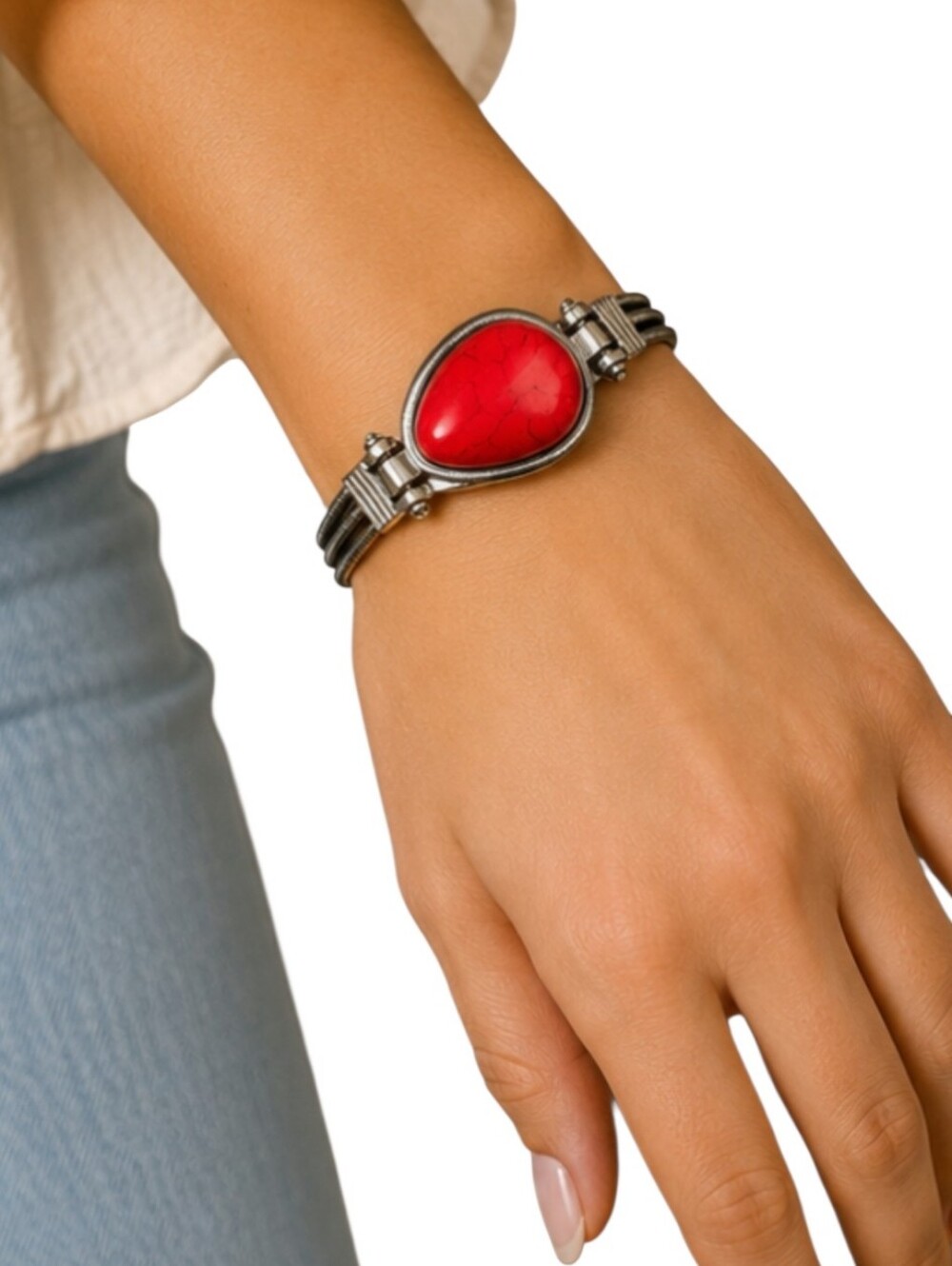Silver Tone Triple Snake Chain Red Teardrop Stone Statement Bracelet